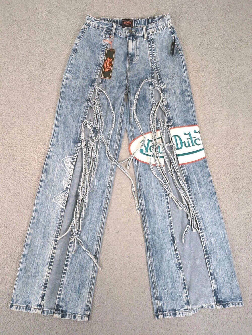 Von Dutch Tie Front Wide Leg Jeans Womens 1 Light Wash Patchwork Y2K Denim New
